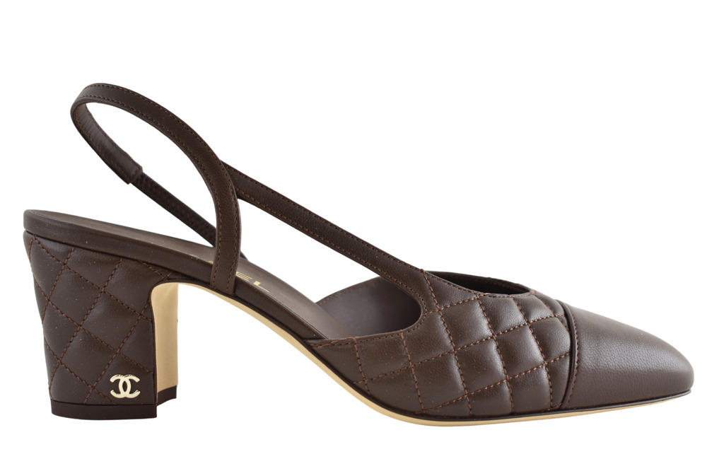 Chanel 26B Dark Chocolate Brown Quilted Coco Sling Slingback Block Heel Pump 37